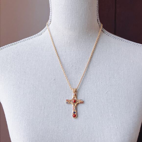 Signed JBK Camrose & Kross 18K Plated Byzantine Jasper Gemstone Cross Necklace - Picture 14 of 15